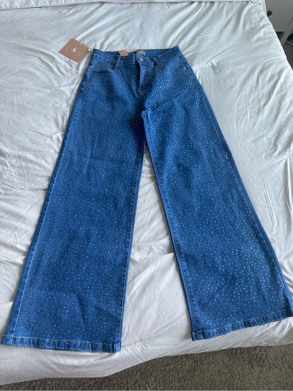 Women NWT High-Rise Wide Leg Rhinestone Jeans - Blue Size 10